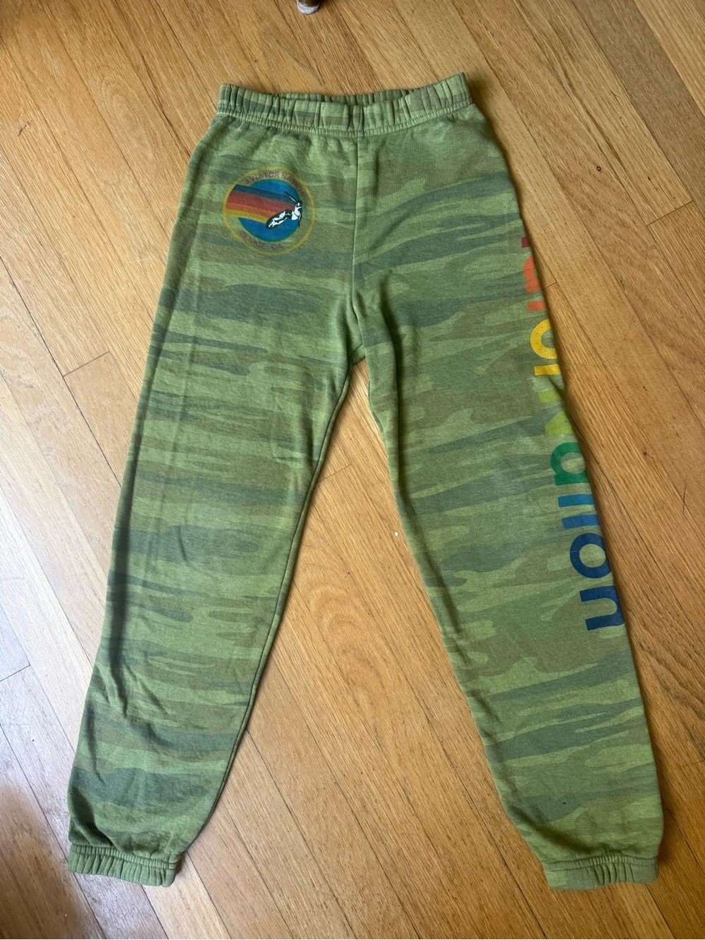 Aviator Nation camo Youth Sweatpants rainbow side lettering size 12